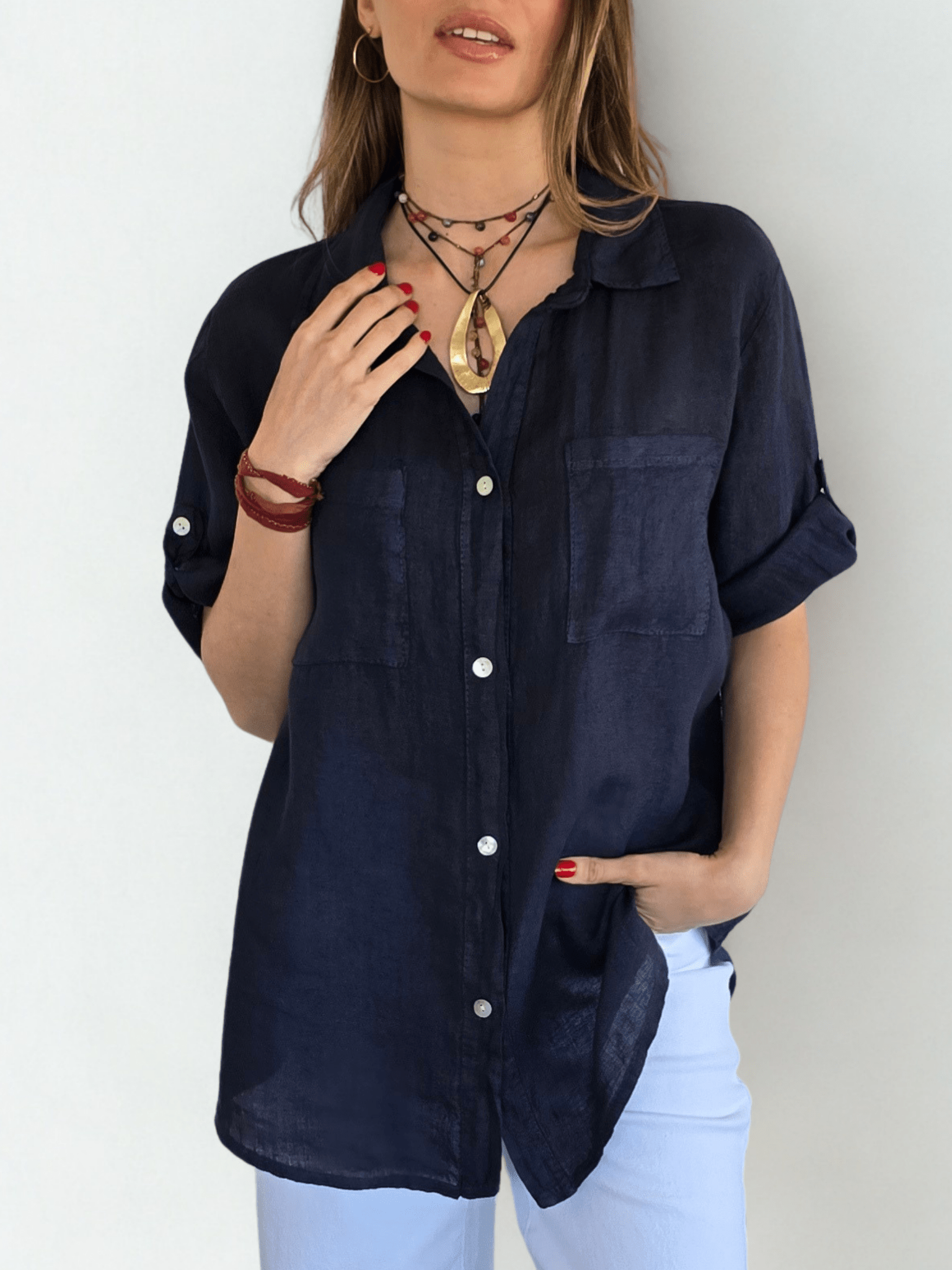 Blusa Italiana 100% Lino dos Bolsillos, color Azul Marino