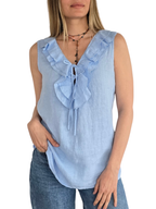 Blusa Italiana 100% Lino Vuelos, color Celeste