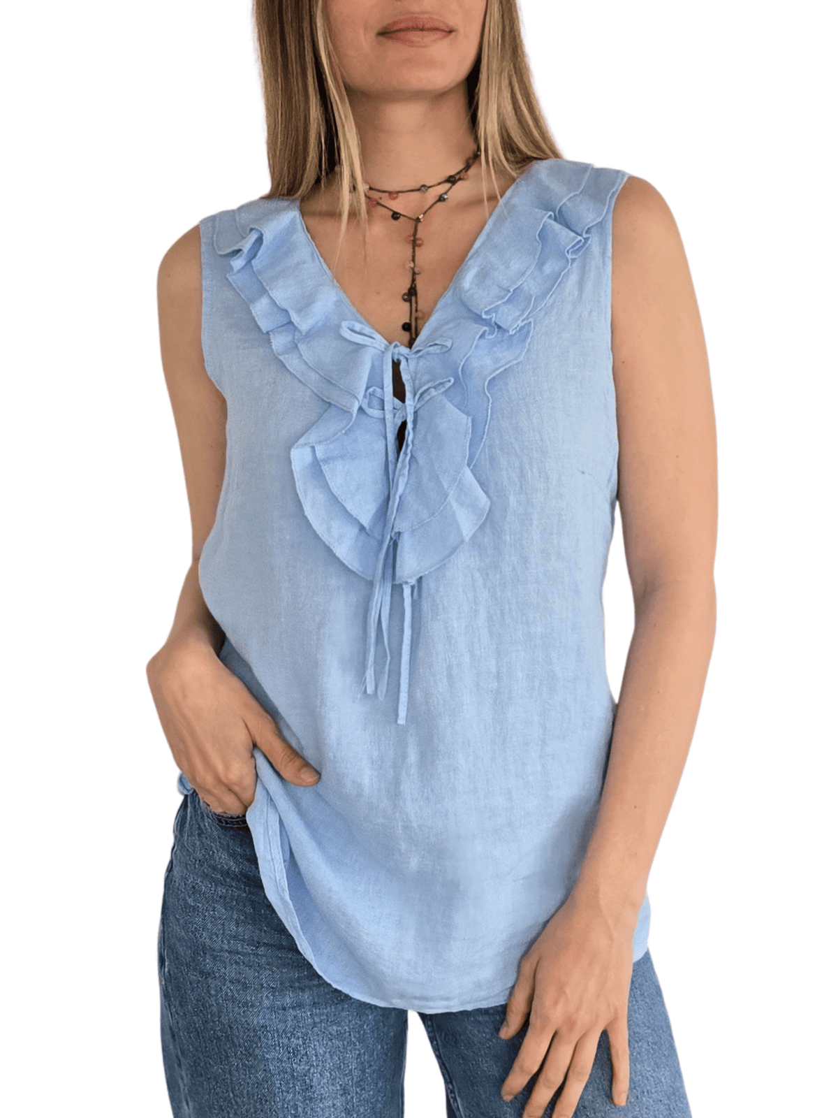 Blusa Italiana 100% Lino Vuelos, color Celeste