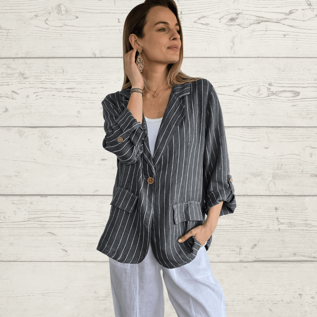 Chaqueta Blazer de Lino Italiano Rayado, fondo Gris