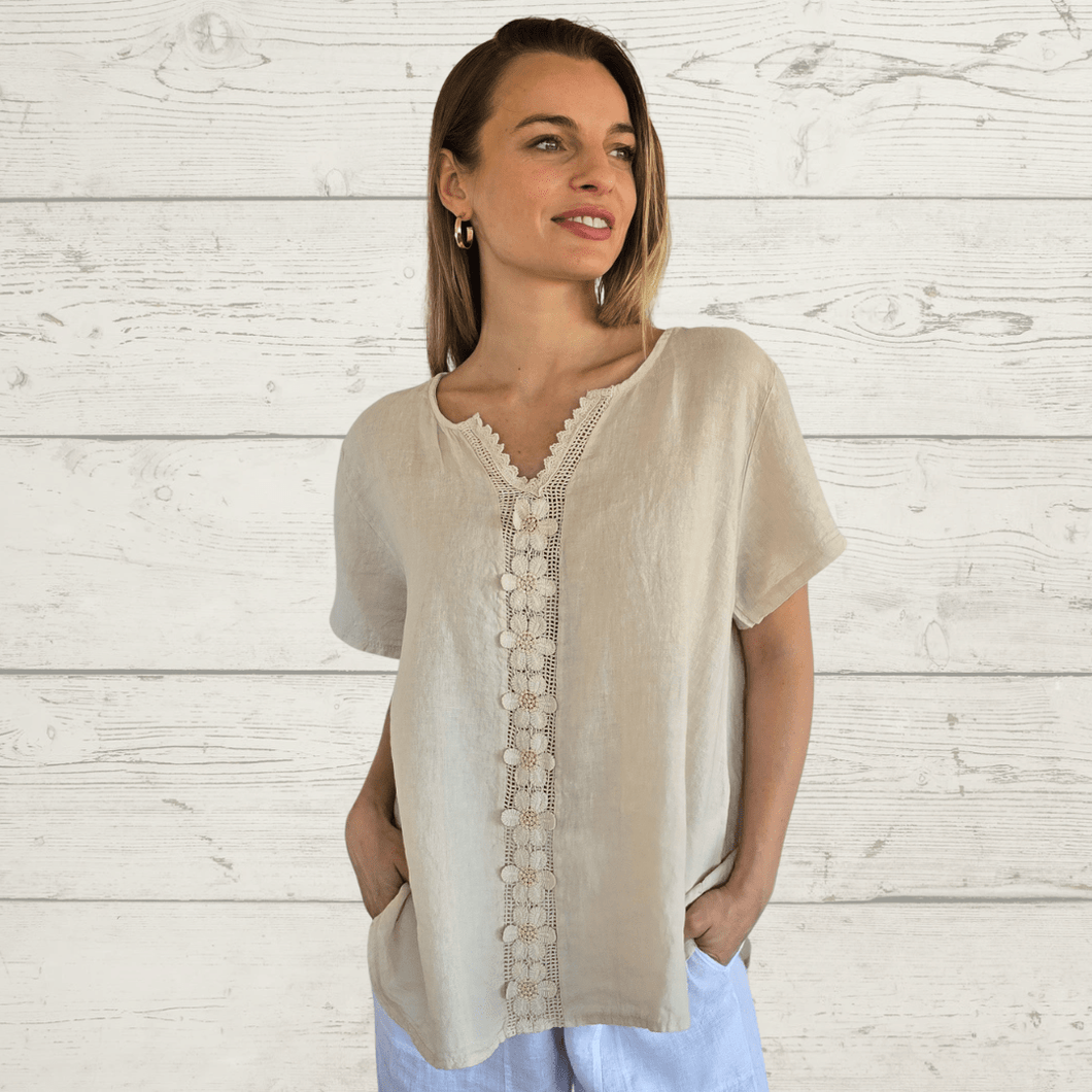 Blusa 100% Lino Italiano Bordada, color Beige