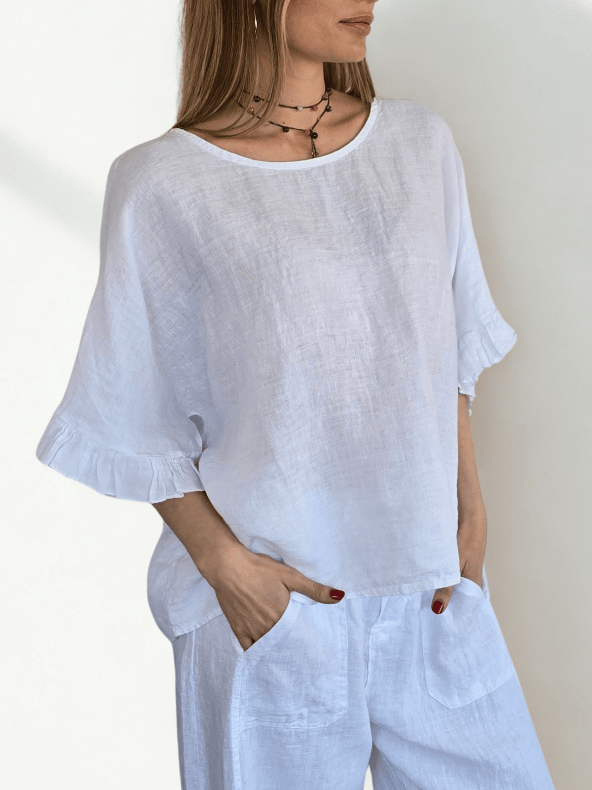 Blusa Italiana 100% Lino con Vuelos, color Blanco