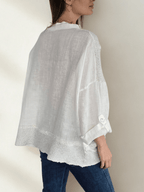 Blusa Italiana 100% Lino escote en V, color Blanco