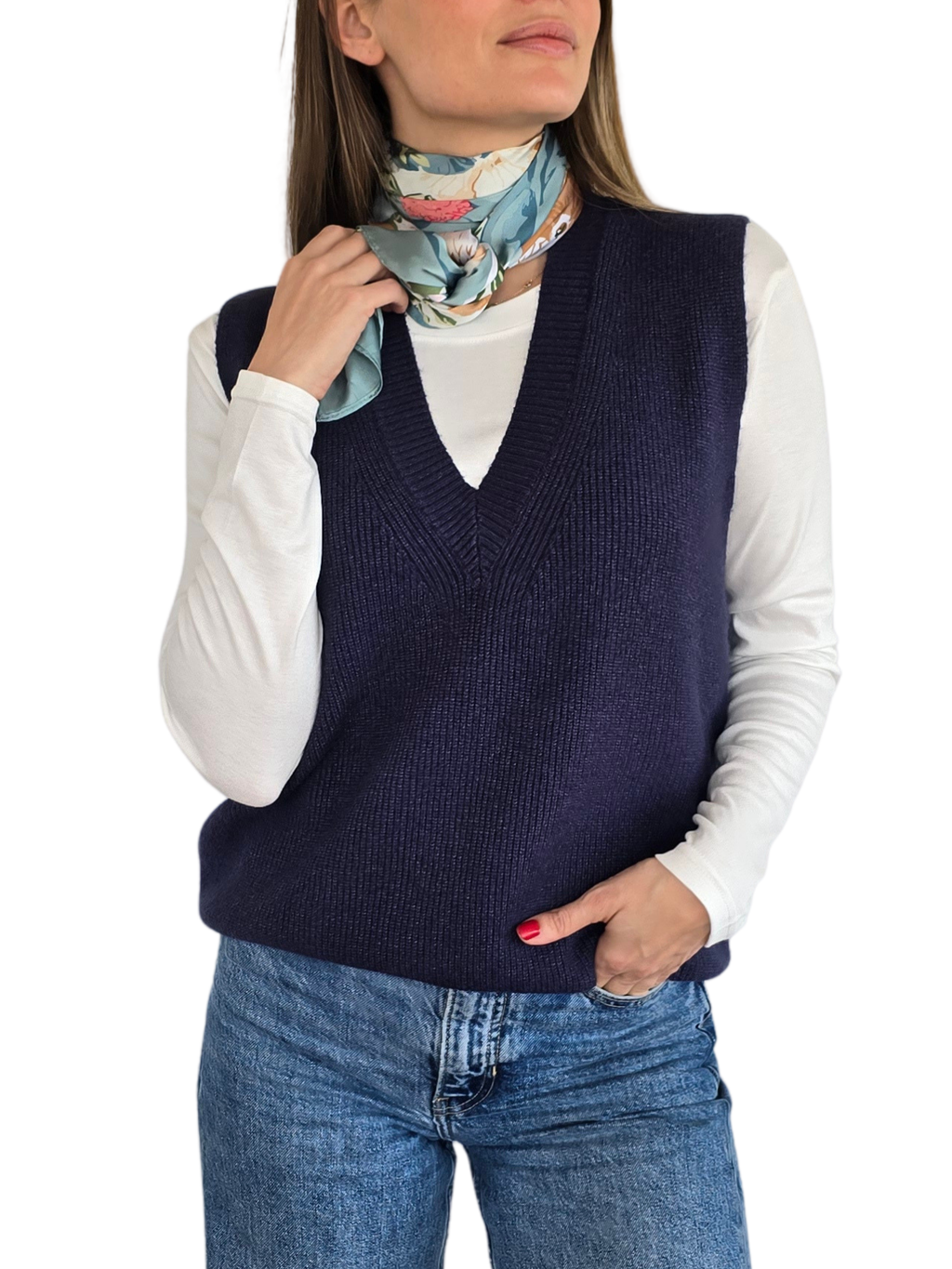Sweater Sin Mangas escote en V, color Azul Marino
