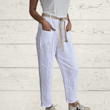 Cargar imagen en el visor de la galería, Pantalón 100% Lino Italiano lazo cintura, color Blanco
