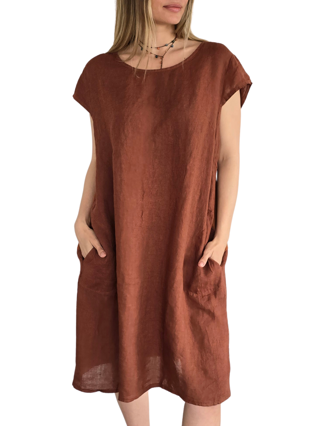 Vestido Italiano 100% Lino, color Terracota