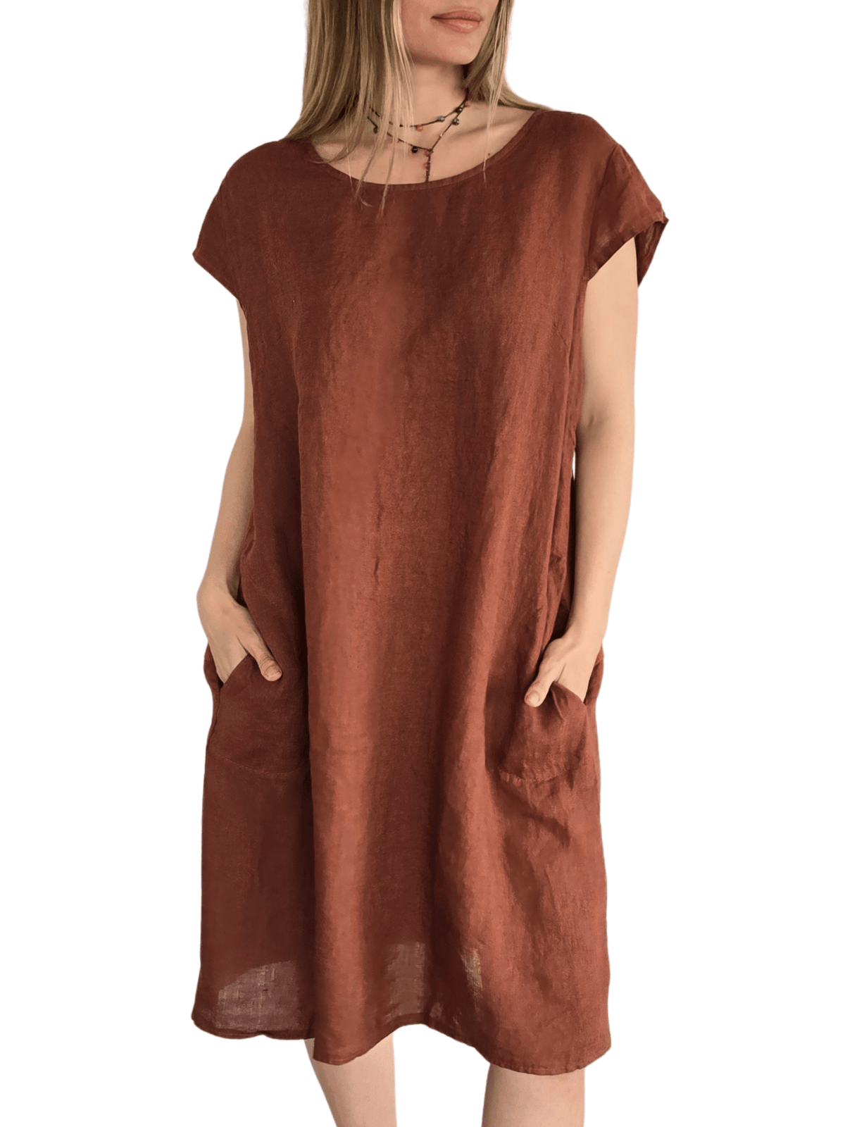 Vestido Italiano 100% Lino, color Terracota