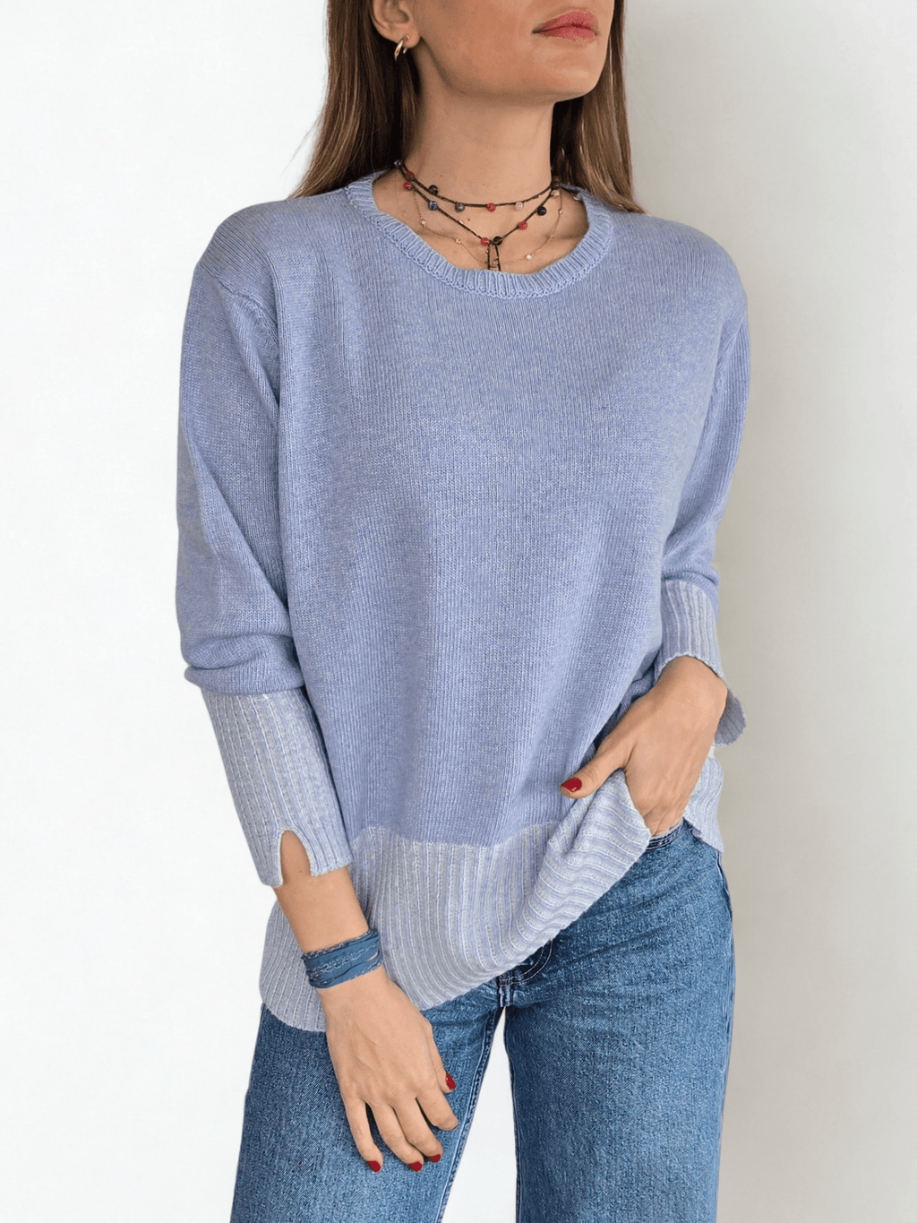 Sweater Italiano Pretina Rayada, color Celeste