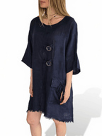 Vestido Italiano 100% Lino dos Botones, color Azul Marino