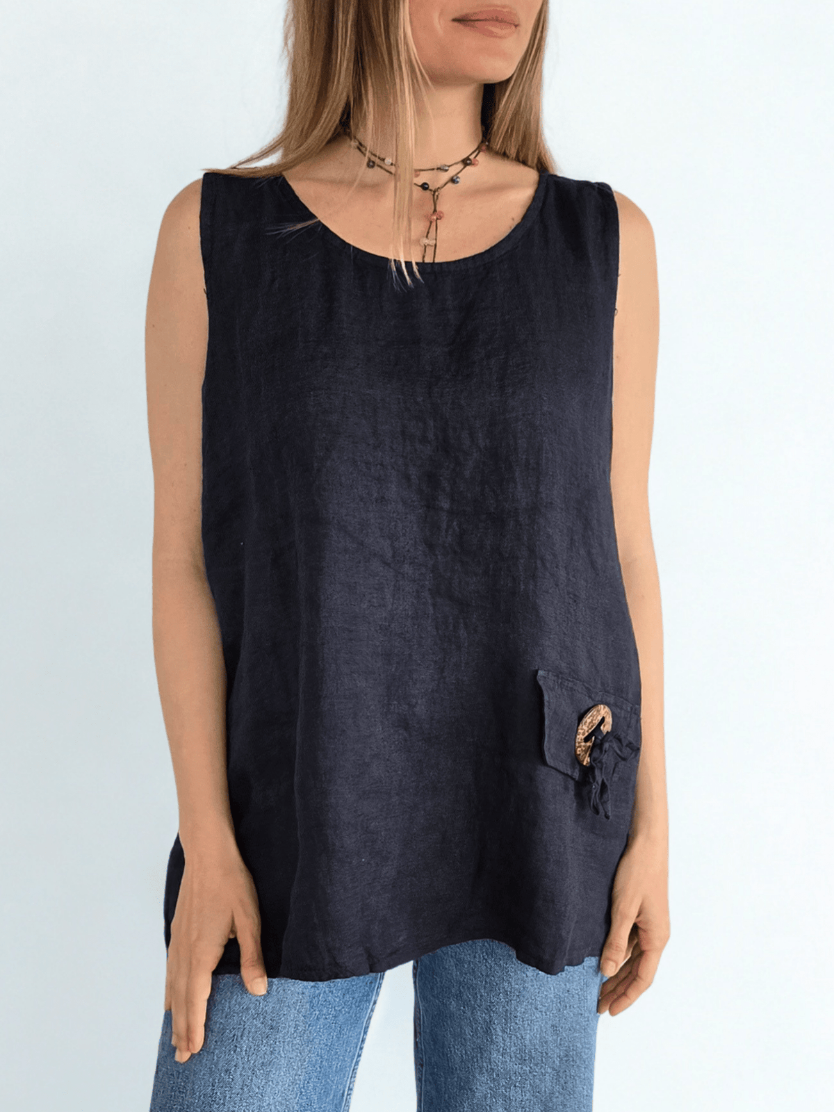 Blusa 100% Lino Italiano Botón, color Azul Marino