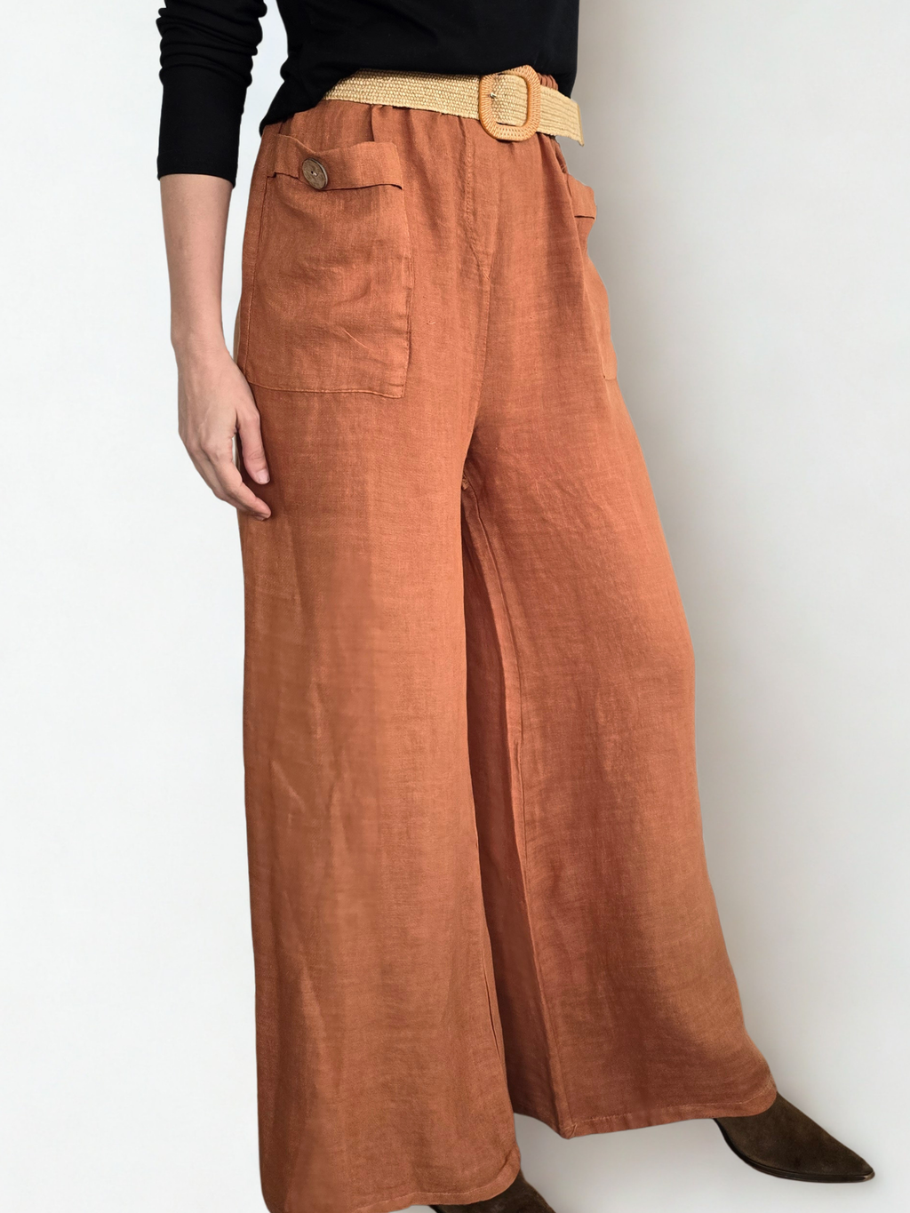 Pantalón de Lino Italiano con Cinturón, color Terracota