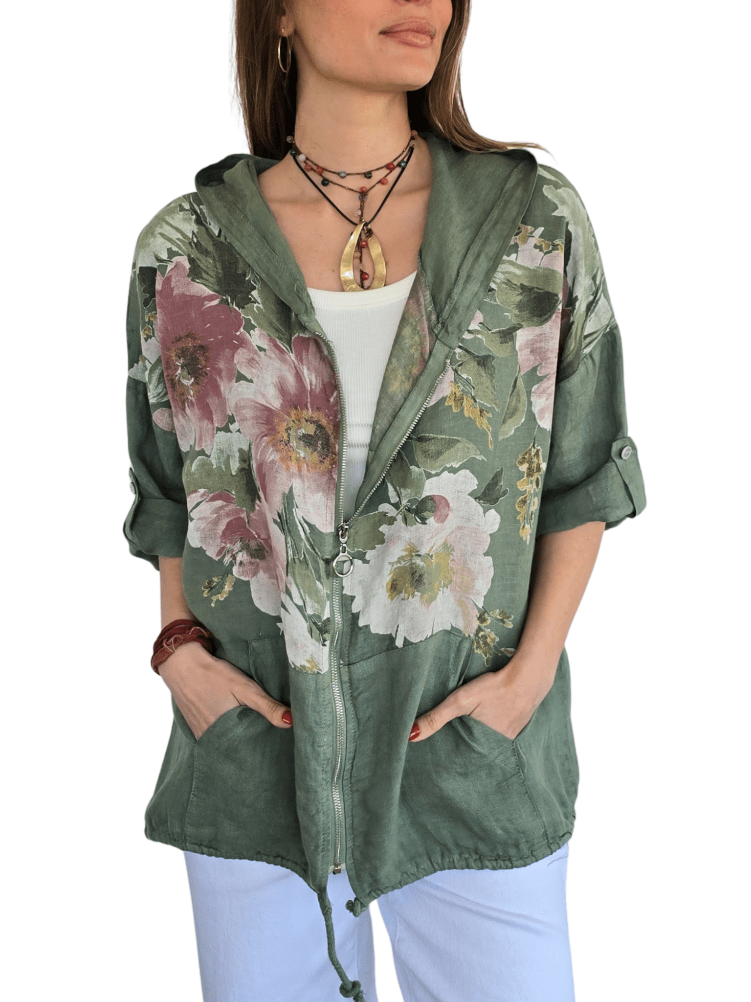 Chaqueta Italiana 100% Lino Estampado, fondo Verde