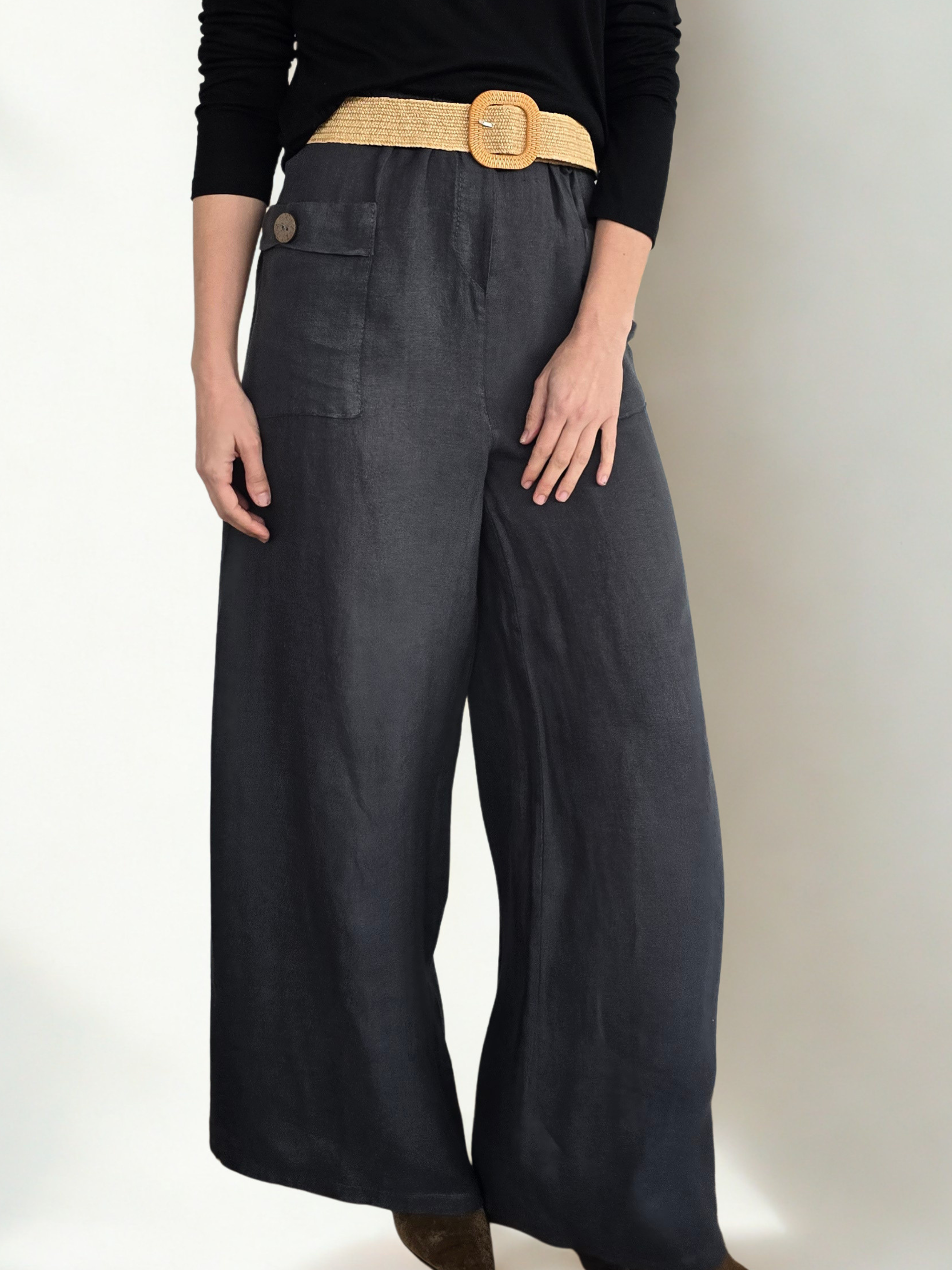 Pantalón de Lino Italiano con Cinturón, color Gris