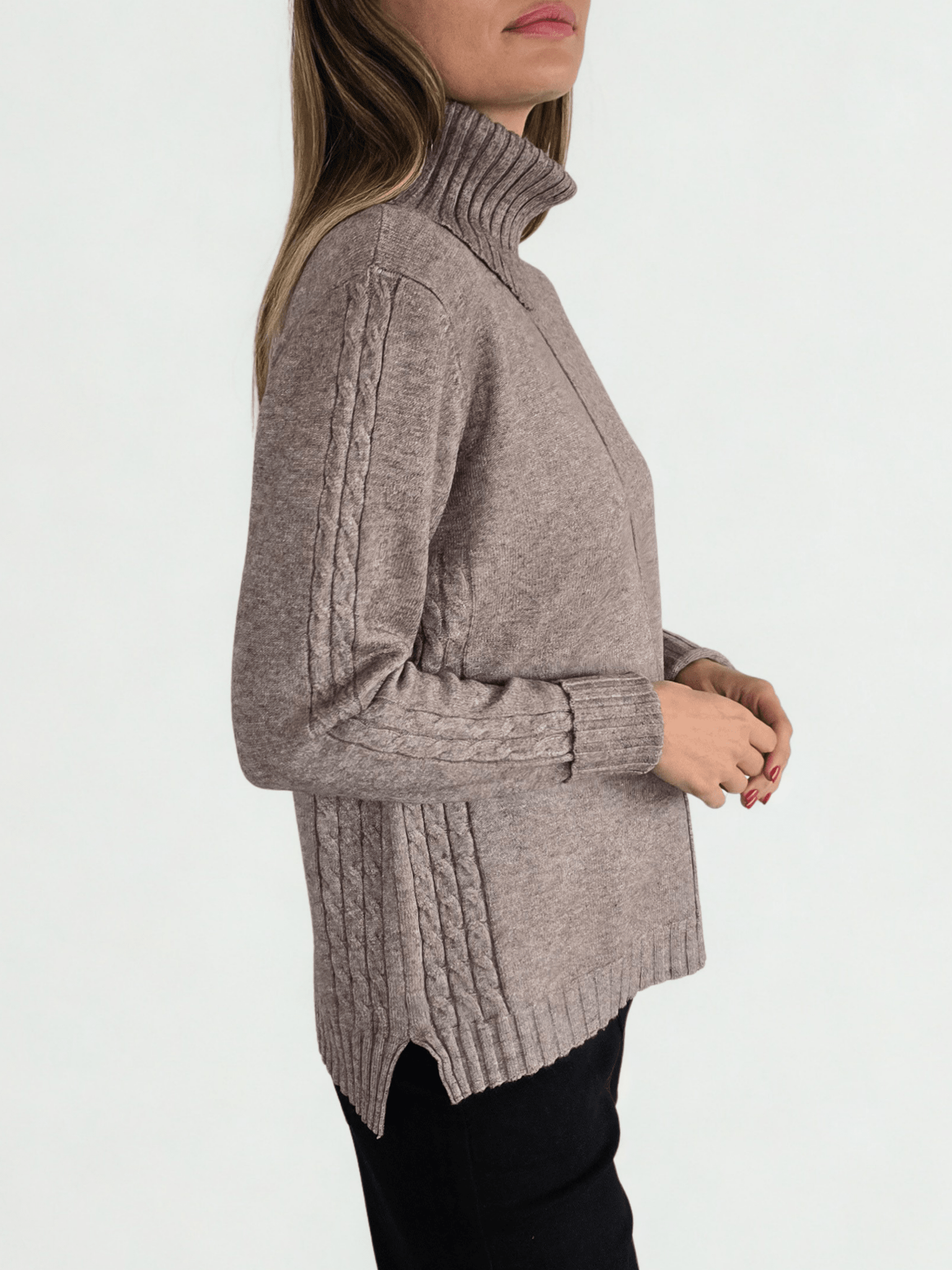 Sweater Cuello Subido con Ribete, color Taupe