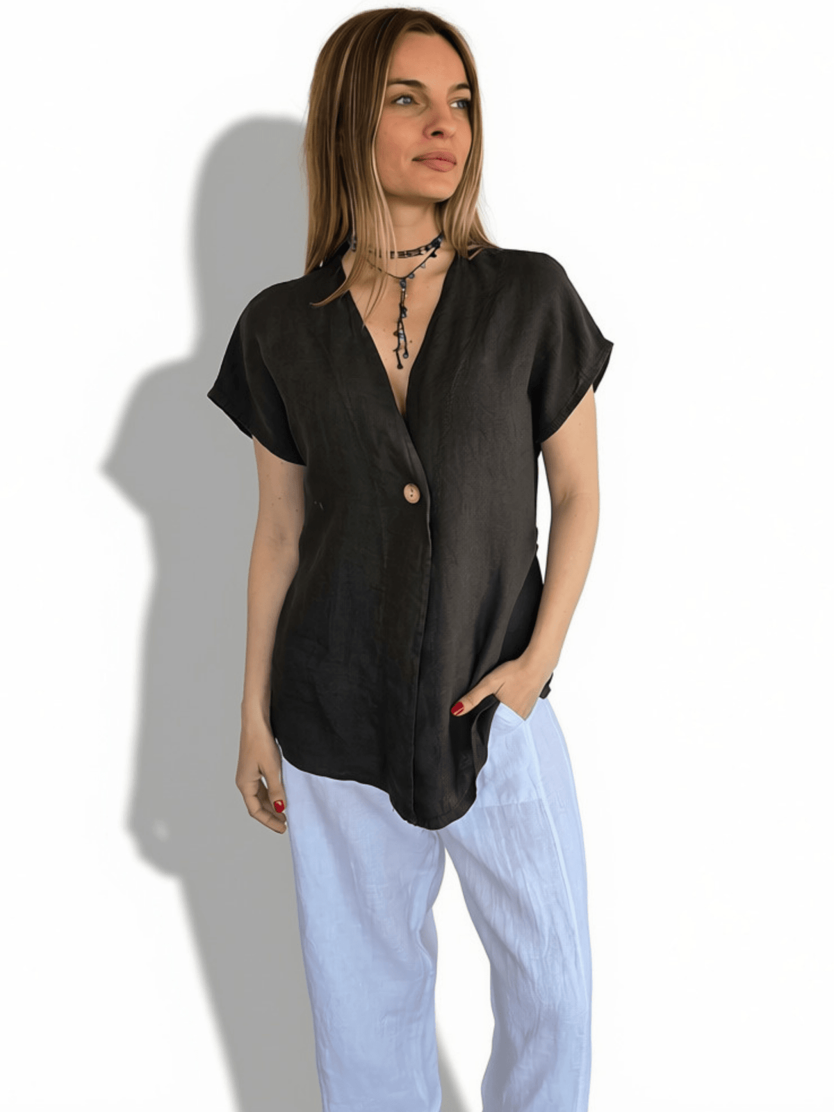 Blusa Italiana 100% Lino un botón, color Chocolate