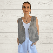 Cargar imagen en el visor de la galería, Blusa Gillette 100% Lino Italiano Rayas, fondo Taupe
