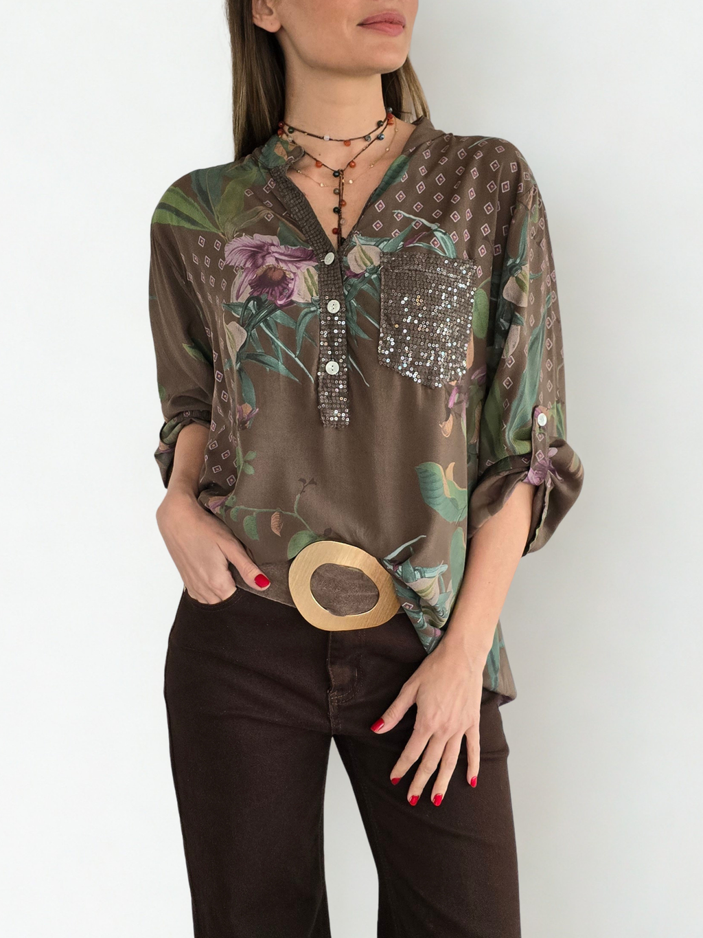 Blusa Italiana Estampada, fondo Chocolate