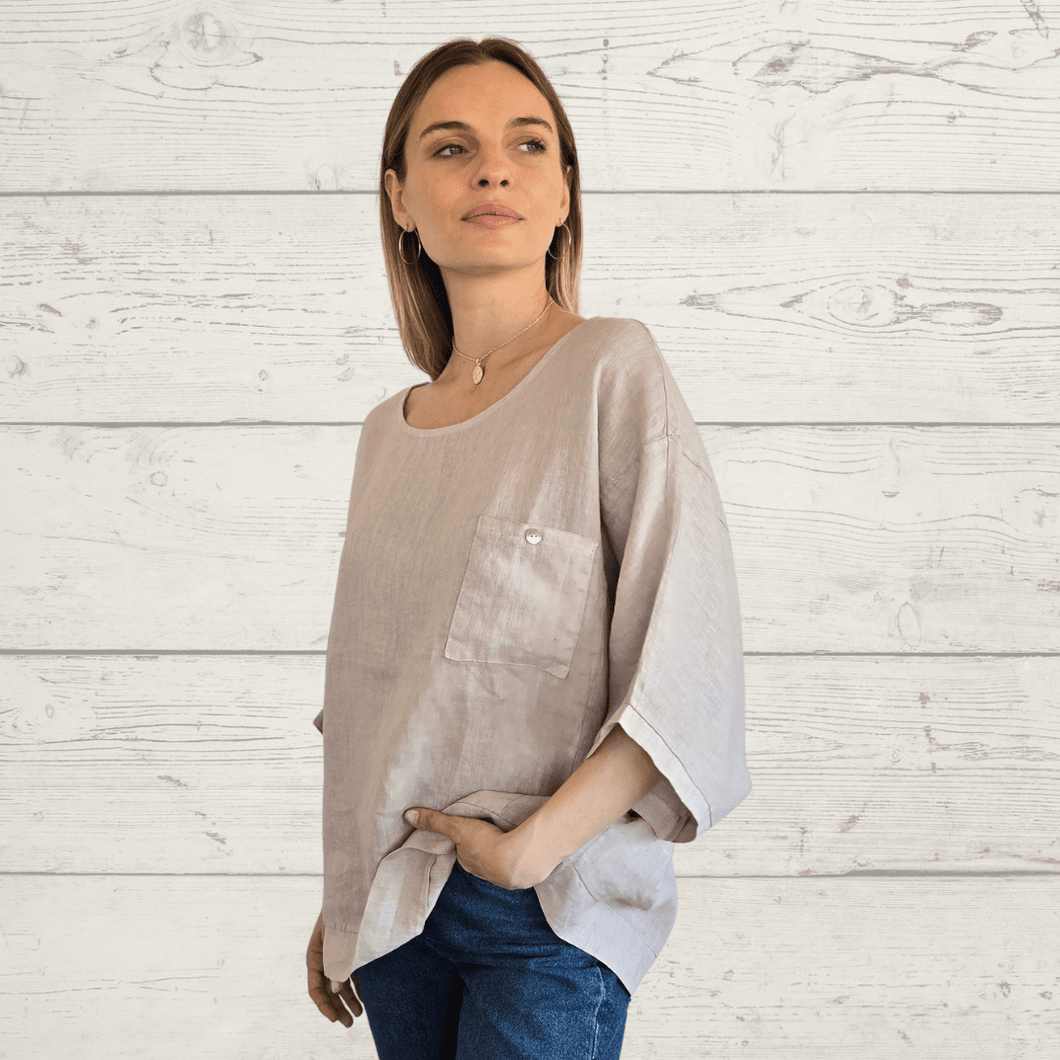Blusa de Lino Italiano un bolsillo, color Beige