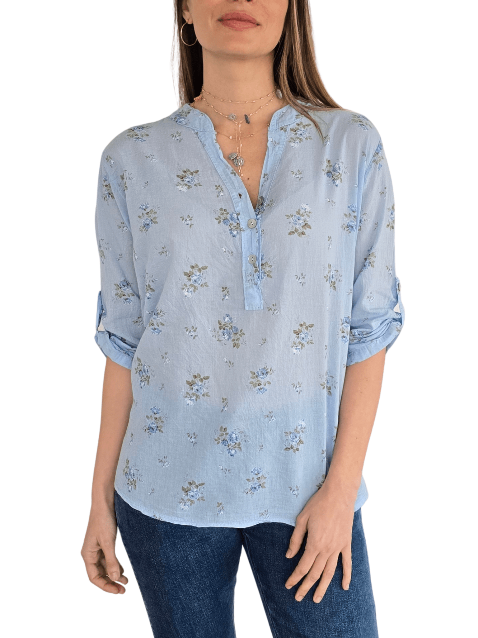 Blusa Italiana Flores, fondo Celeste