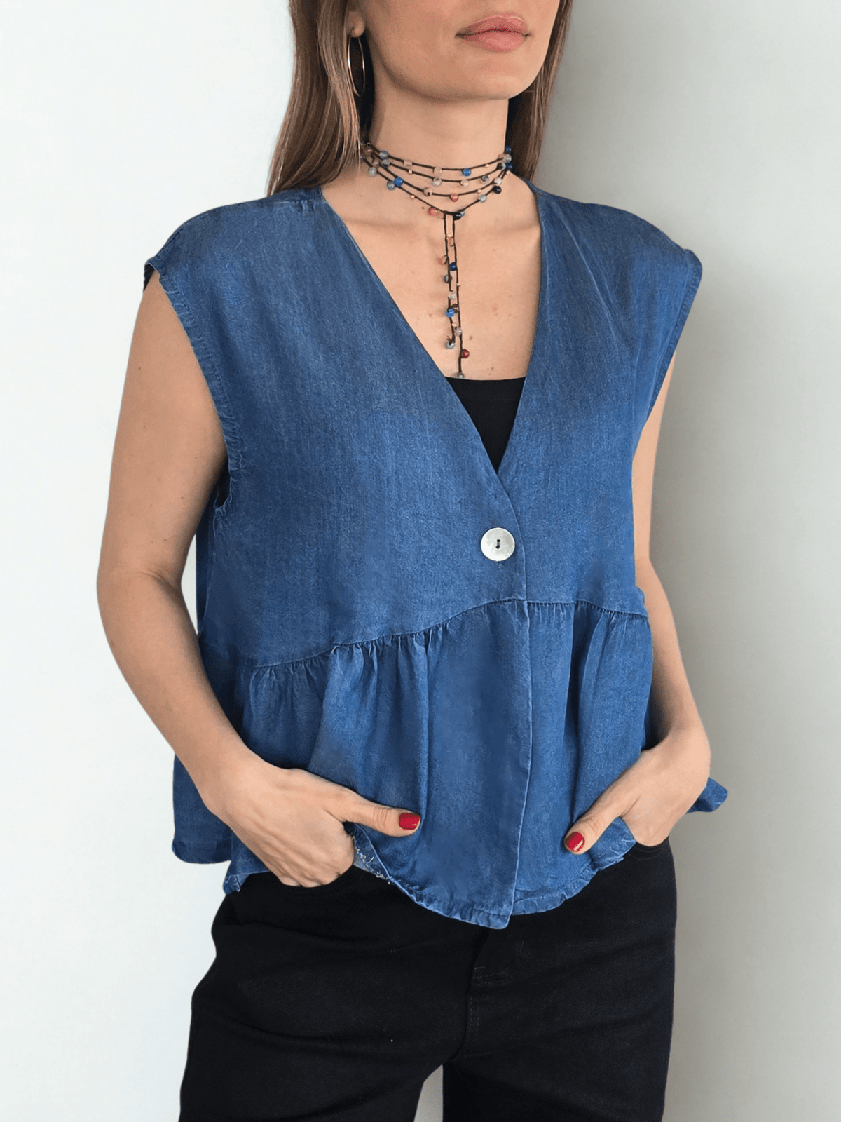 Blusa Italiana Tencel un Botón, color Azul