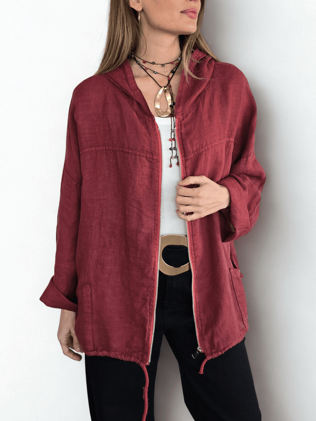 Chaqueta Italiana 100% Lino, color Guinda