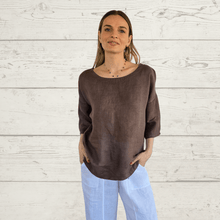 Cargar imagen en el visor de la galería, Blusa 100% Lino Italiano cuello redondo, color Chocolate
