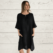 Cargar imagen en el visor de la galería, Vestido Lino Italiano un botón, color Negro
