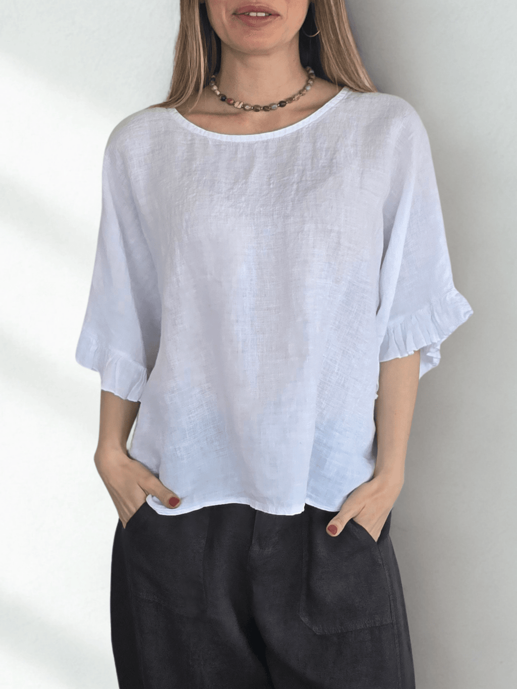 Blusa Italiana 100% Lino con Vuelos, color Blanco