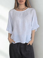Blusa Italiana 100% Lino con Vuelos, color Blanco