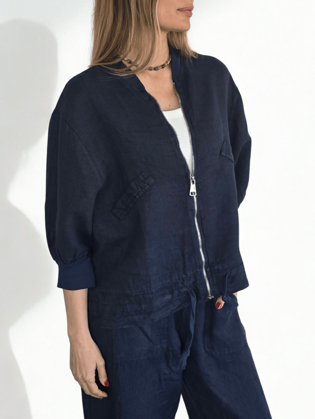 Chaqueta Bomber Italiana 100% Lino, color Azul Marino