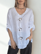 Blusa Italiana 100% Lino con tres Botones, color Blanco