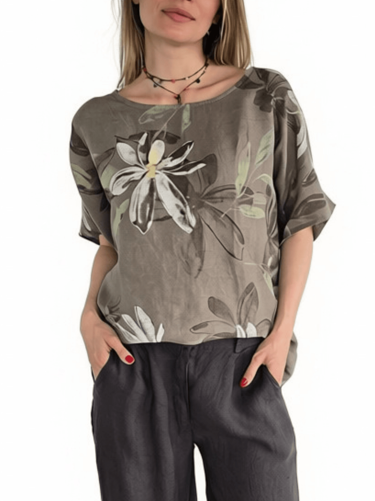 Blusa Italiana Estampada 100% Lino, fondo Taupe