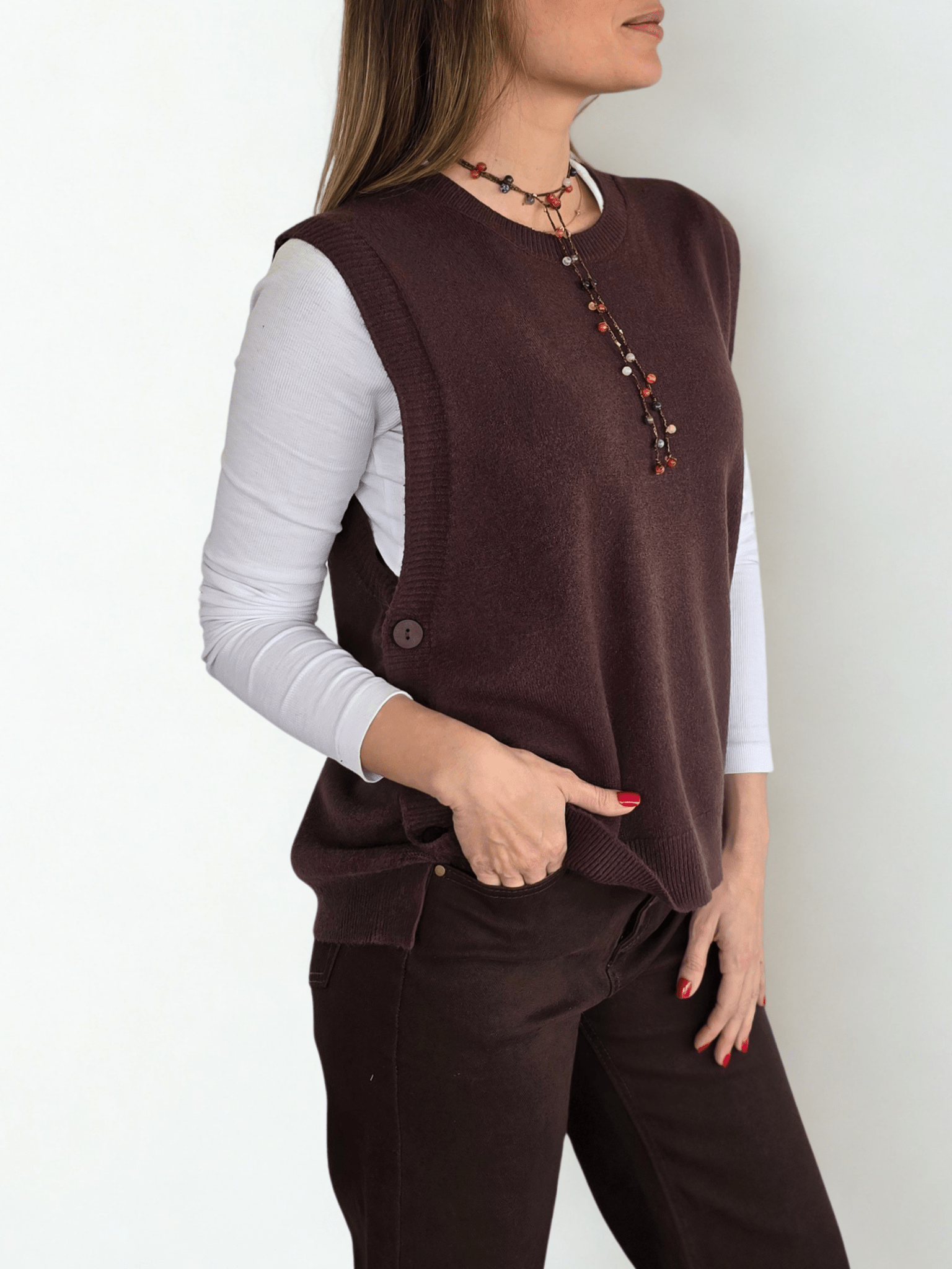 Sweater sin mangas Botones, color Chocolate