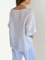 Blusa Italiana 100% Lino dos Bolsillos, color Blanco