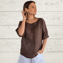 Cargar imagen en el visor de la galería, Blusa 100% Lino Italiano, color Chocolate
