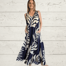 Cargar imagen en el visor de la galería, Vestido largo estampado, color Azul con beige
