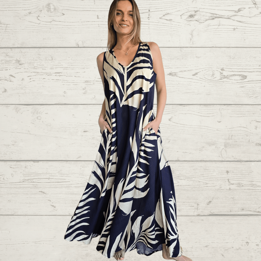 Vestido largo estampado, color Azul con beige