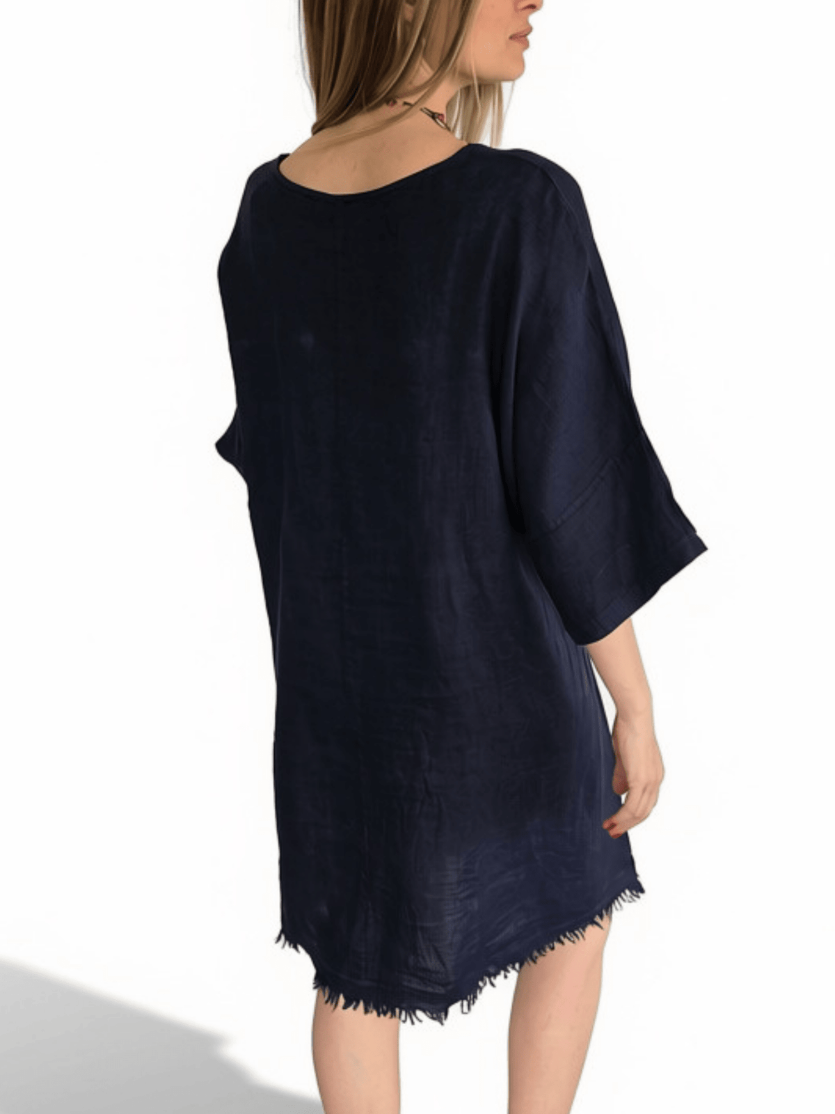 Vestido Italiano 100% Lino dos Botones, color Azul Marino