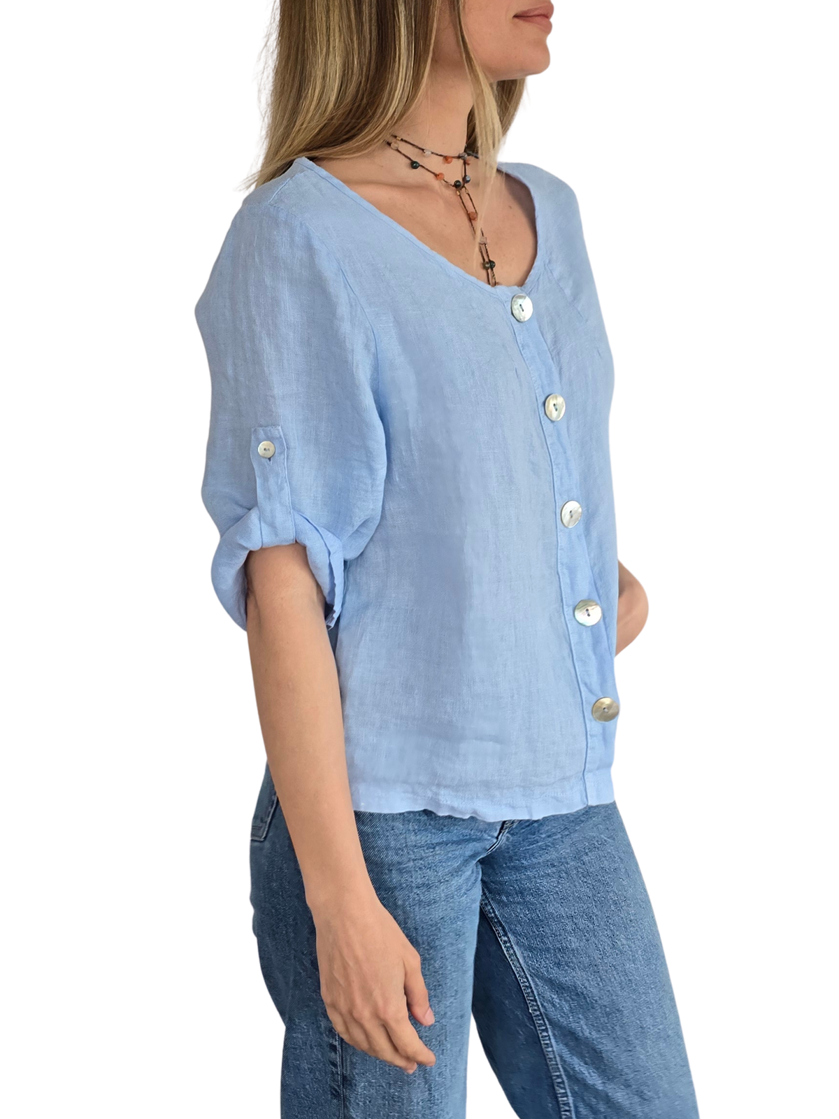 Blusa Italiana 100%Lino Botones, color Celeste