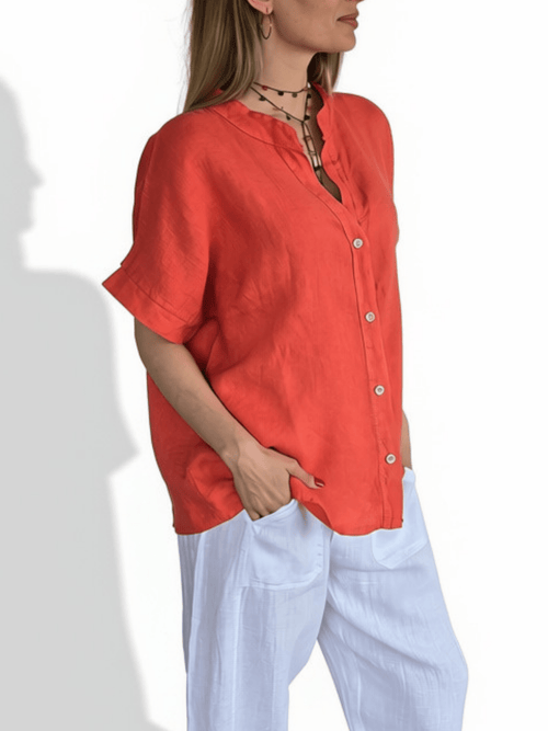 Blusa Italiana 100% Lino Escote en V, color Salmón