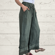 Cargar imagen en el visor de la galería, Pantalón 100% Lino Italiano basta bordada, color Verde
