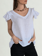 Blusa Italiana 100% Lino Mangas Irregulares, color Blanco