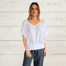 Cargar imagen en el visor de la galería, Blusa de lino Italiano pretina con elástico, color blanco

