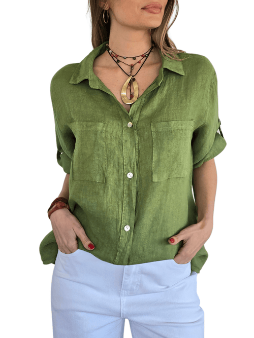 Blusa Italiana 100% Lino dos Bolsillos, color Pistacho