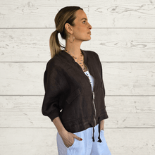 Cargar imagen en el visor de la galería, Chaqueta Bomber 100% Lino Italiano, color Chocolate
