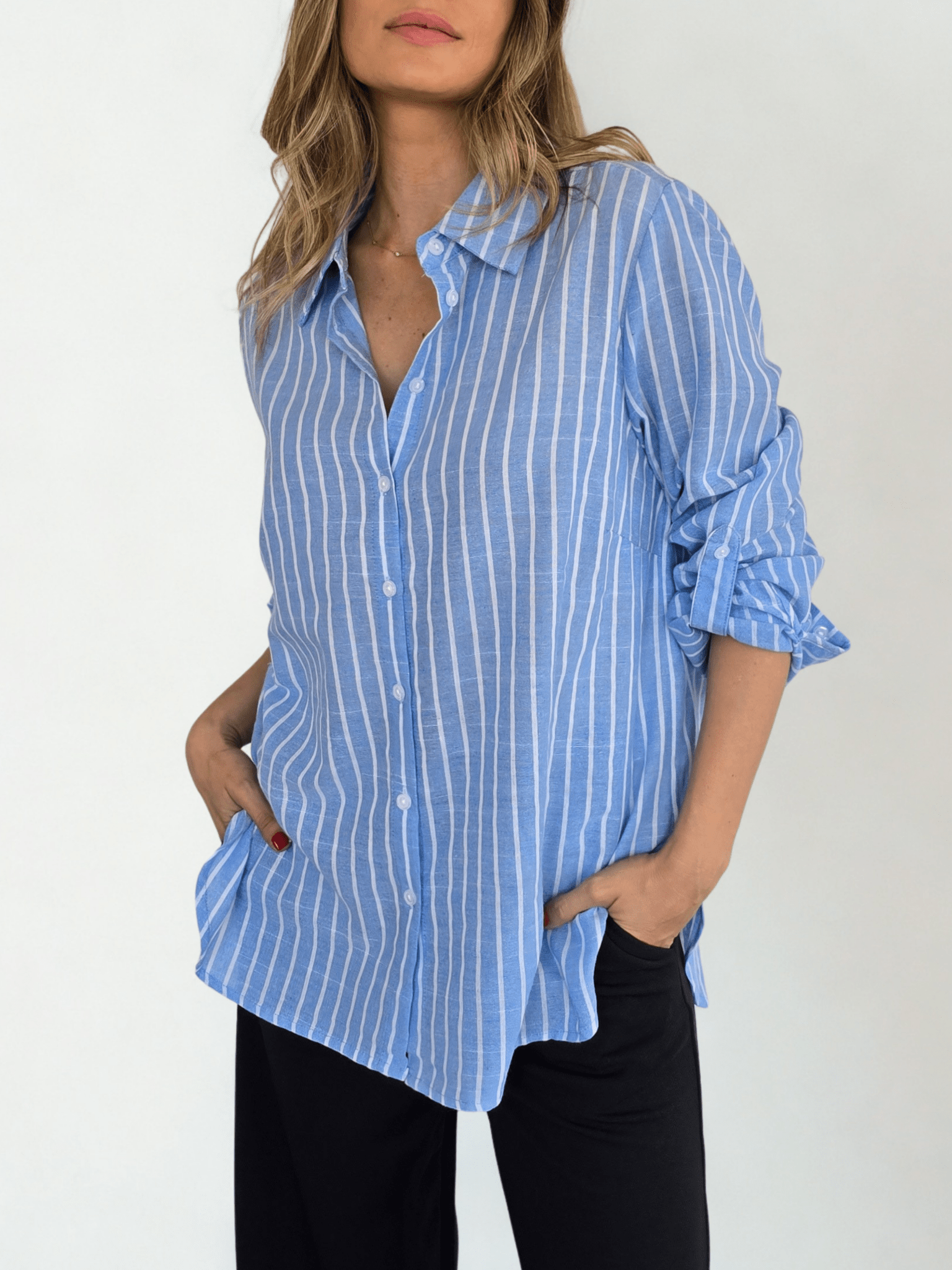 Blusa Rayada, fondo Celeste