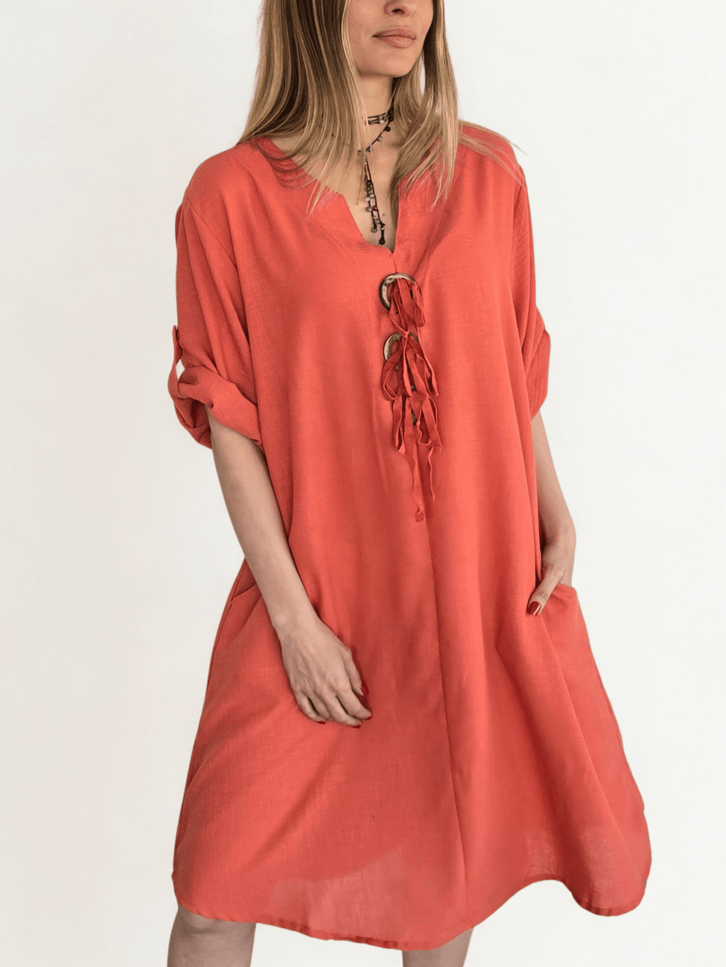 Vestido Tres Botones, color Terracota