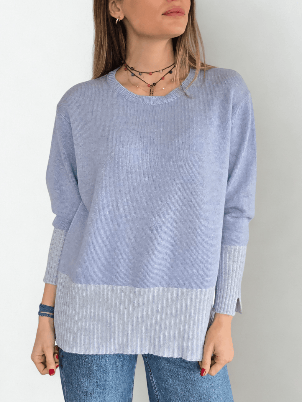 Sweater Italiano Pretina Rayada, color Celeste