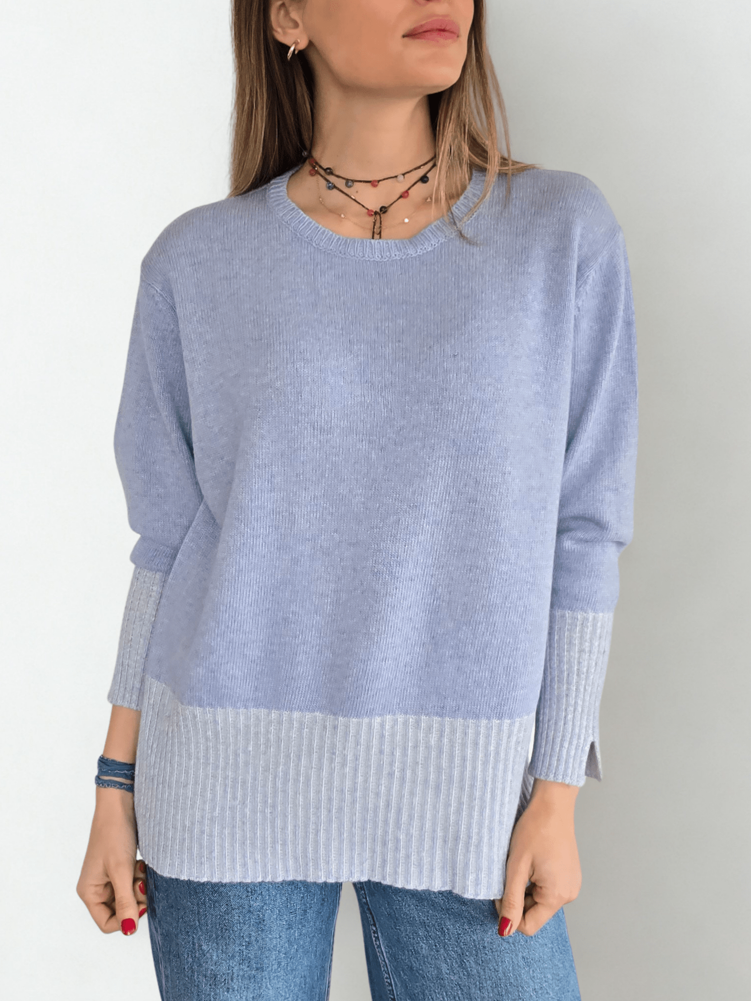 Sweater Italiano Pretina Rayada, color Celeste