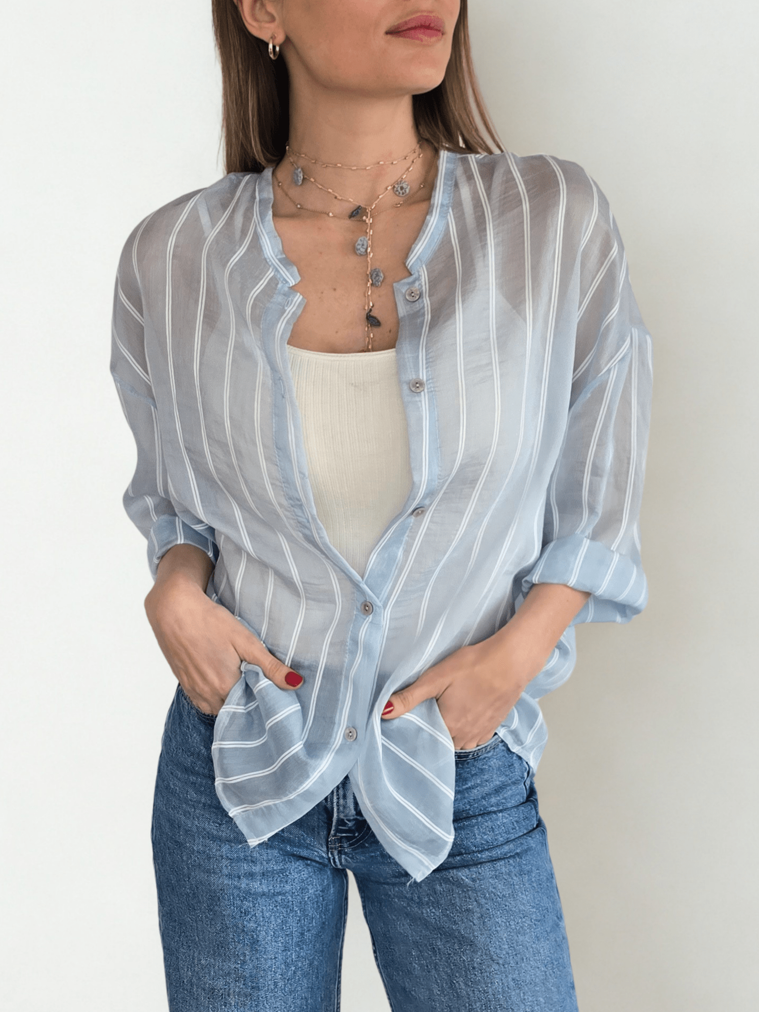 Blusa Italiana Rayada, fondo Celeste